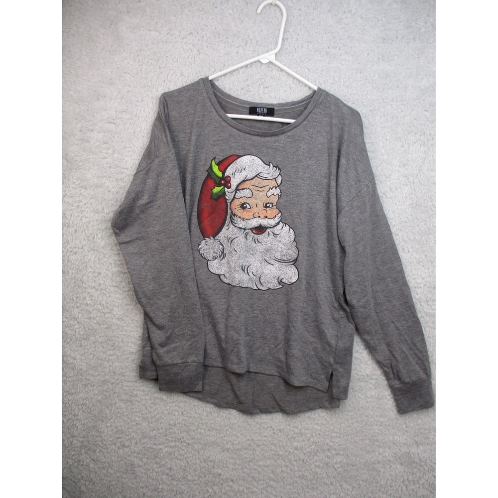 Modern Canvas Women's Christmas Santa Long Sleeve Shirt Gray Holiday Pullover M